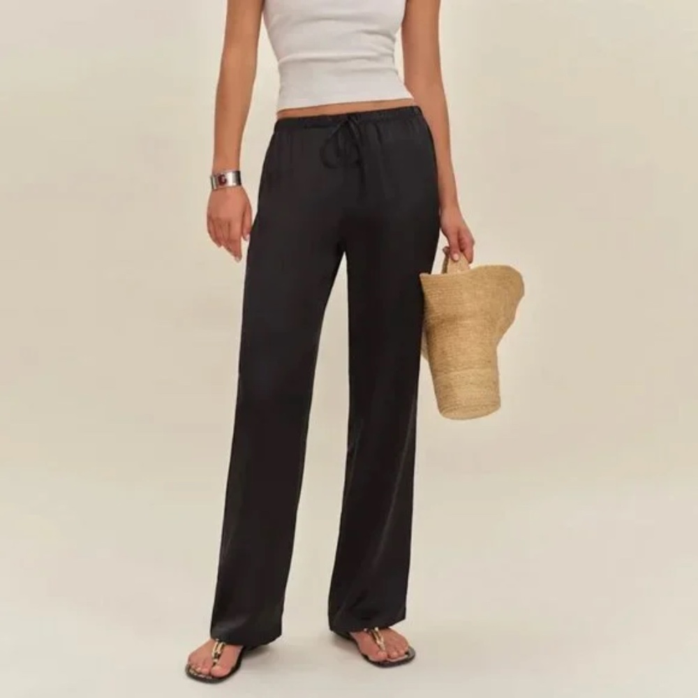 Reformation Olina Black Silk Wide-Leg Trousers